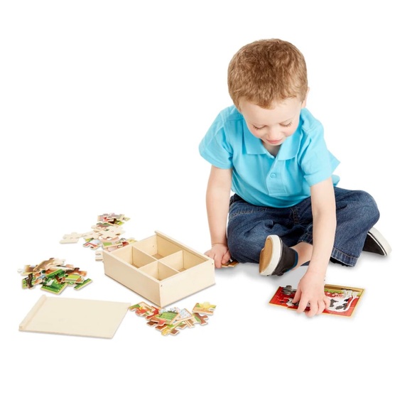 NWT Melissa & Doug wooden puzzles in a box farm animals cow horse pig rooster - Picture 2 of 6